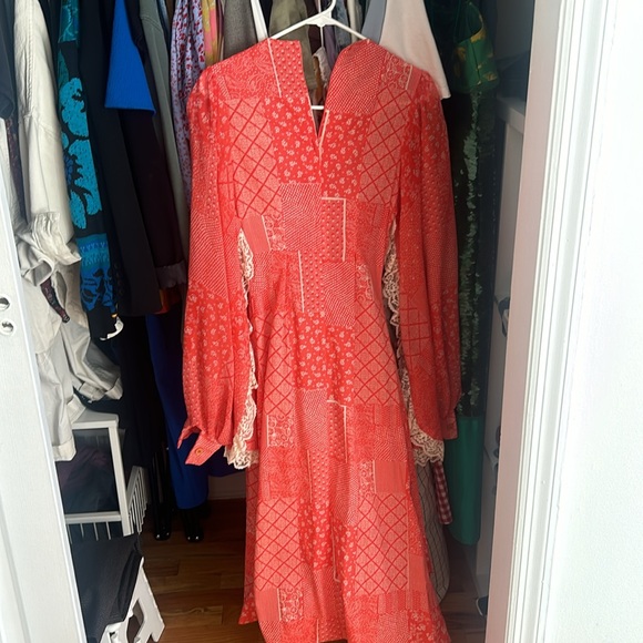 Beautiful vintage maxi prairie cottage core dress red with lace balloon sleeves - Picture 4 of 4